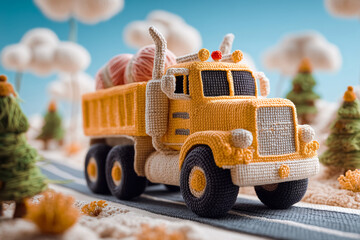 Crocheted yellow heavy truck driving along road carrying large skeins of yarn. 