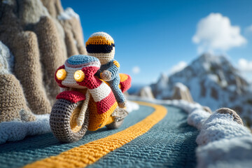 Crocheted fast motorbike riding on the snowy mountain road. Biker riding sport motorcycle in the snowy mountains.