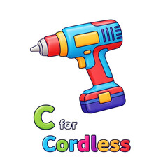 3D icon of a colorful cordless drill for home repair, stylized battery power tool with letter C for cordless educational alphabet theme