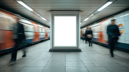 Fototapeta premium People hurry through a train station while a train passes by on one side. An empty advertisement space is visible in the center. The scene captures evening rush hour activity.