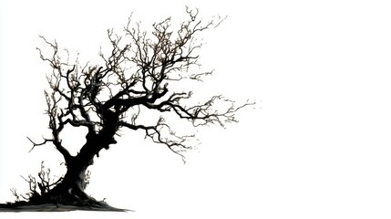 Fototapeta premium A tree with dark twisted branches is in the foreground. It stands isolated against a white background. The setting appears empty with no other elements nearby.