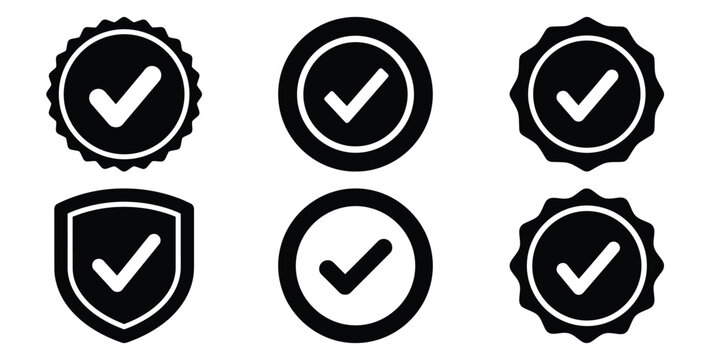 A black silhouette of a  user verification badge icon set. Simple graphic element.