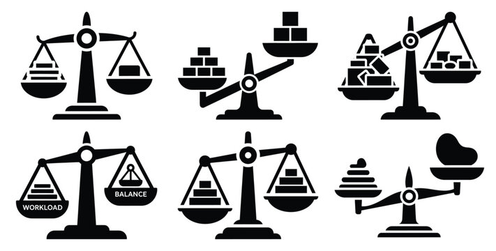 A black silhouette of a  workload balance scale icon set. Simple graphic element.