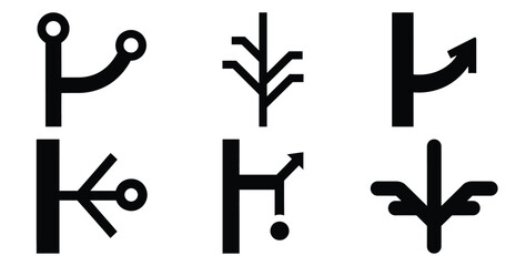 A black silhouette of a  code repository branch icon set. Simple graphic element.