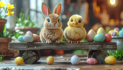 Cute fluffy bunny and chick sitting together on a wooden bench with colorful Easter eggs