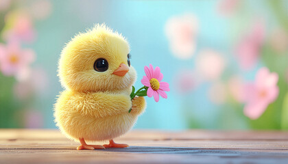 Cute fluffy 3D chick holding a pink flower in a sunny spring garden