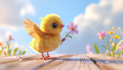 Cute fluffy 3D chick holding a pink flower and waving wing under a blue sunny sky