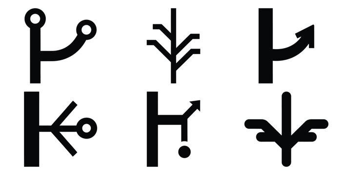 A black silhouette of a  code repository branch icon set. Simple graphic element.