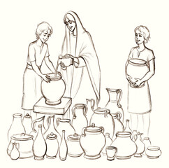 Pencil drawing. Multiplying oil according to Elisha's advice