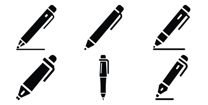 A black silhouette of a  digital signature pen icon set. Simple graphic element.