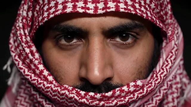 Cinematic footage of a mysterious character wearing a red and white keffiyeh, dramatic backlighting, ultra-detailed eyes, soft shadows, 60 fps 4k
