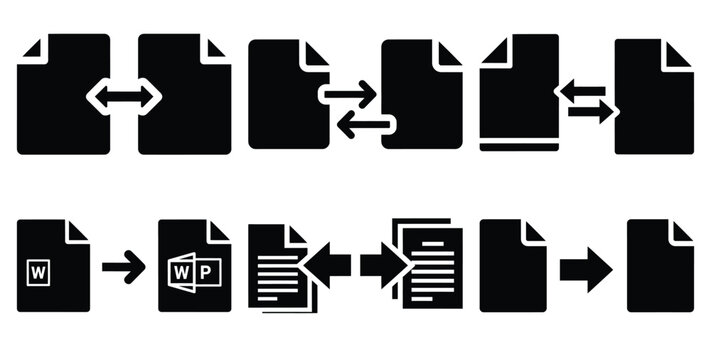 A black silhouette of a  file format convert icon set. Simple graphic element.