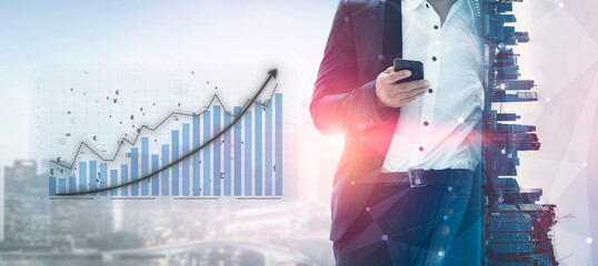 A businessman is engaged in financial analysis using a smartphone, with a dynamic city skyline and growth data visualizations in the background, representing modern corporate success. Impute