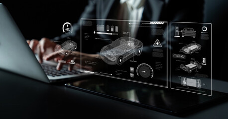 Technical layout of electric vehicle showing battery system, power control, traction motor, charging interface, and integration with renewable and smart energy sources Latch
