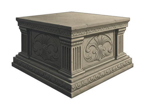 Detailed stone pedestal featuring intricate classical carvings, fluted columns, and weathered texture, perfect for displaying products or statues in a grand setting.