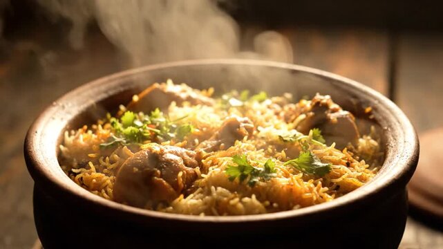 Steaming Hot Chicken Biryani Served in Traditional Clay Pot Handi