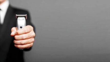 Businessman holding electric hair clipper against gray background