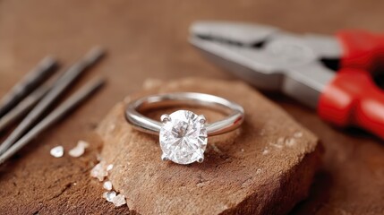 Elegant diamond ring on rustic surface with jewelers tools