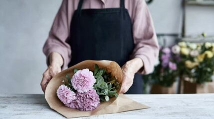 Florist arranging elegant carnations bouquet on rustic wooden table
