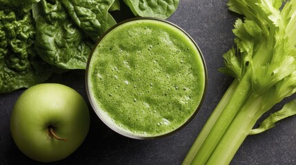 Obraz premium Fresh green detox drink with spinach, celery, and apple on a dark background