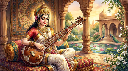 Obraz premium Traditional indian art of goddess saraswati playing veena near a lotus pond with peacocks in a palace garden for vasant panchami and saraswati puja