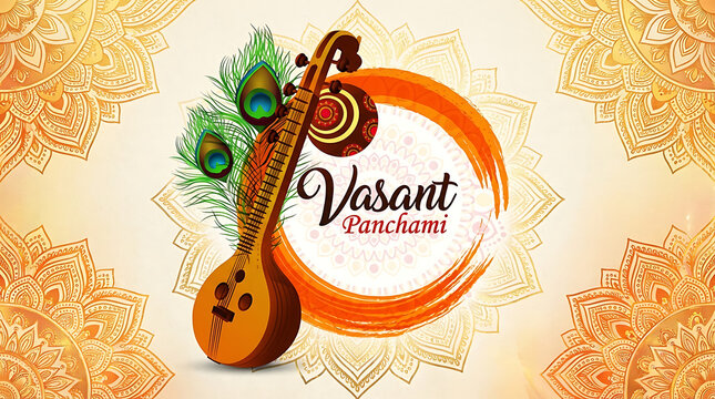 Artistic vasant panchami and saraswati puja design featuring a musical veena with peacock feathers and orange mandala patterns on a clean light background