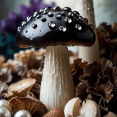 Elegant Black Onyx and White Pearl Mushroom Fantasy Forest Background