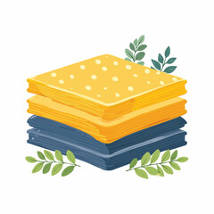 Stack of colorful cloths with leaves surrounding it on a white background