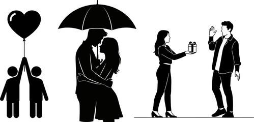 Couple under umbrella romantic embrace gift giving silhouette date
