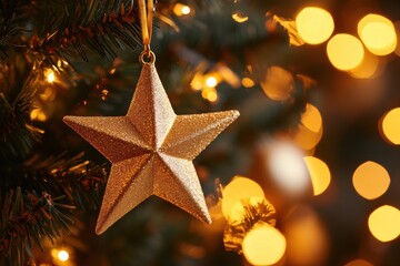 A gold star ornament hangs on a festive tree with warm bokeh lights.