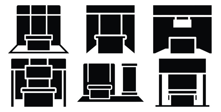 A black silhouette of a  trade show booth icon set. Simple graphic element.