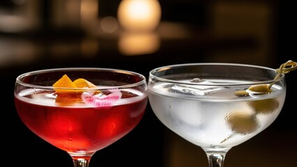 Two cocktail glass with red and clear drink, one with a lipstick kiss print on brim for Valentines Day date celebration beverage.