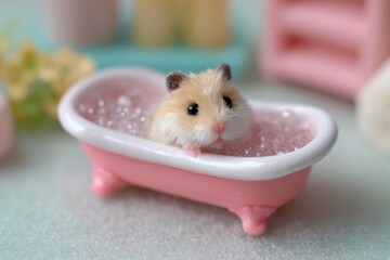 Small white hamster enjoys a cozy bath in a tiny pastel-colored tub surrounded by soft decor elements in a bright setting