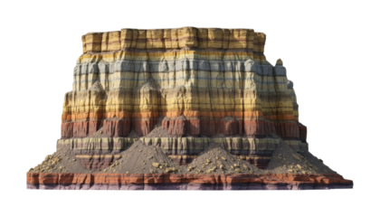 Majestic layered rock formation stands tall with distinct colorful geological strata and eroded debris at its base, showcasing natural beauty.