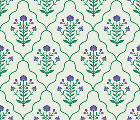 Traditional Mughal floral motif seamless pattern with hand drawn vintage botanical flowers.