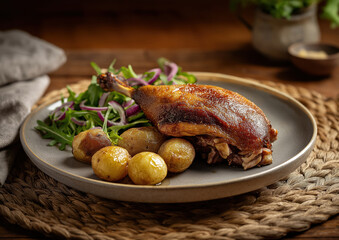 Roasted duck leg served with baked potatoes and fresh green salad. Traditional French cuisine confit de canard. Gourmet dinner meal