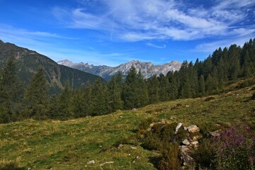 Austrian Alps - view of the peaks in Lechtal Alps from the footpath to chalet Ascher Hutte near village See
