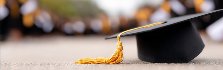 Graduation cap rests on pavement during outdoor ceremony celebrating academic success in higher education