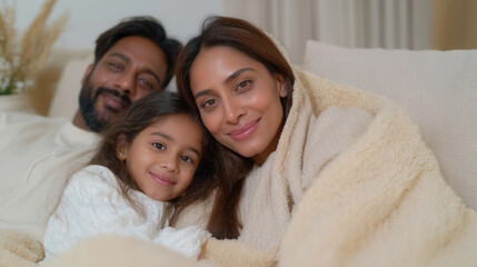 Happy Arabic family of three enjoying quality time relaxing on the couch at home during a cozy weekend