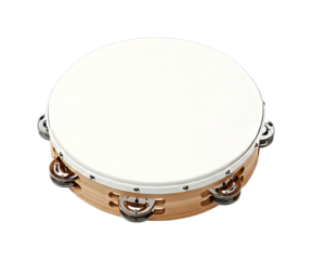 Classic wooden tambourine with a white drumhead and shiny metal jingles, ready to create rhythmic sounds for music and celebration.