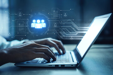 Concept of a digital human resources platform for workforce management. An applicant tracking system helps in team building by organizing employee and candidate profiles. Fermion