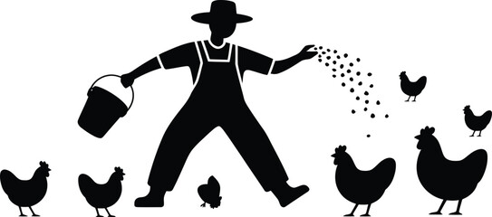  Farmer feeding chickens silhouette, vector icon for agriculture and farming concept