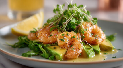 Delicious ripe avocado and poached shrimp with lemon vinaigrette and microgreens salad served fresh on a plate