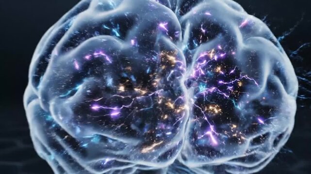 Glowing brain with lightning bolts and neural connections pulsing with energy