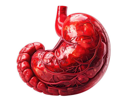 Digitally rendered, detailed anatomy of a human stomach with attached esophagus