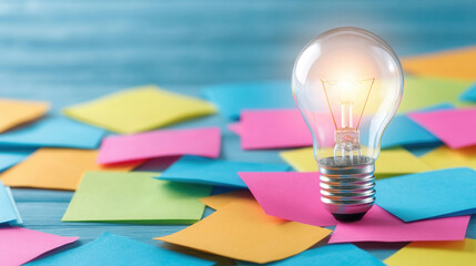 Creativity shines through a glowing light bulb resting on colorful sticky notes in a vibrant workspace filled with ideas