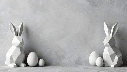 Geometric Easter composition featuring a minimalist grey and white rabbit and Easter eggs, designed with concrete textures and abstract shapes. The modern and urban concept is ideal for business, ad
