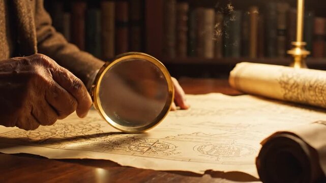Close up of hand holding magnifying glass examining old map on wooden table in library