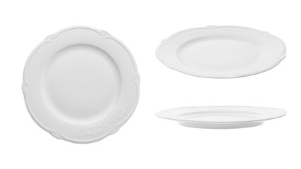 Vintage white empty plate in Provence style on a white isolated background, side view