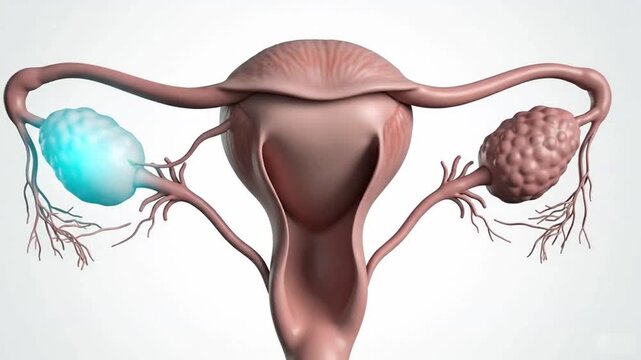A medical video illustrating the female reproductive system with a focus on the uterus and ovaries